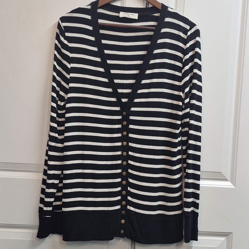 Zenana Women's Striped Snap-Button Cardigan Sweater, Size XL, Casual Minimalist